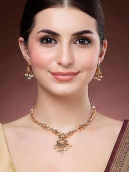 Karatcart - Women Multi-Color Laxmi Mata Gold Plated Stone Studded Temple Jewellery Set