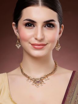 Karatcart - Women Laxmi Mata Gold Plated Stone Studded Temple Jewellery Set