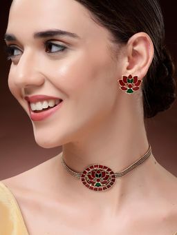 Karatcart - Women Red and Green Lotus Meenakari Gold-Plated Choker Jewellery Set