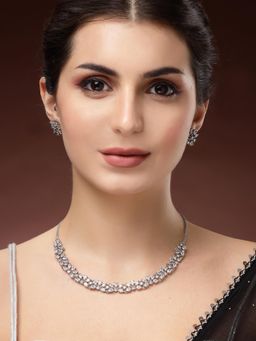 Karatcart - Women Silver Plated American Diamond Floral Jewellery Set