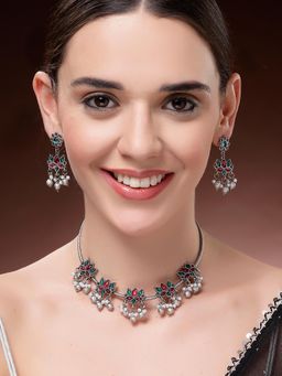 Karatcart - Women Multi-Color Oxidized Silver Lotus Design Jewellery Set