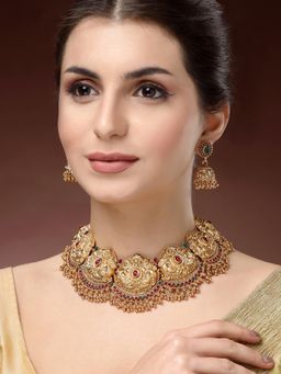 Karatcart - Women Gold Plated Peacock Design Red and Green Temple Jewellery Set