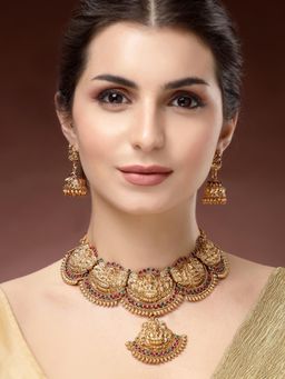Karatcart - Women Gold Plated Multi-Color Laxmi Mata Design Temple Jewellery Set