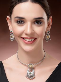 Karatcart - Women Multi-Color Oxidised Silver and Gold Plated Hasli Jewellery Set