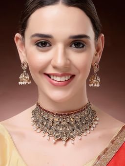Karatcart - Women Gold Plated Red-Green Stone Laxmi Mata Choker Temple Jewellery Set