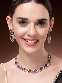 Karatcart - Women Elegant Net Design Red American Diamond Jewellery Set
