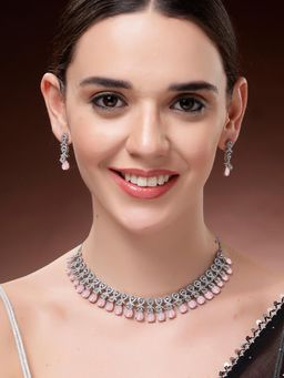 Karatcart - Women Elegant Silver-Plated Pink American Diamond Jewellery Set