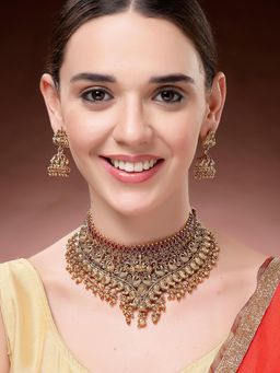Karatcart - Women Red Stone Laxmi Mata and Peacock Choker Temple Jewellery Set