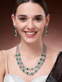 Karatcart - Women Silver Plated Green Long American Diamond Jewellery Set