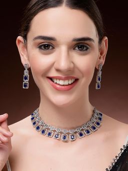 Karatcart - Women Dazzling Silver Plated Blue Square American Diamond Jewellery Set