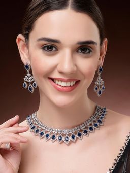 Karatcart - Women Luxurious Blue Drop American Diamond Silver Plated Jewellery Set