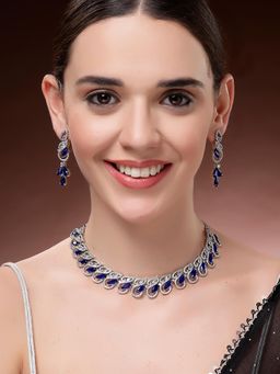 Karatcart - Women Sparkling Blue Drop American Diamond Silver Plated Jewellery Set