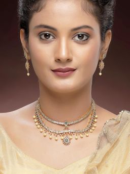 Karatcart - Women Traditional Gold-Plated Green American Diamond Jewellery Set