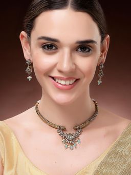 Karatcart - Women Dazzling Light Blue Tumble American Diamond Peacock Design Jewellery Set