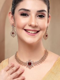 Karatcart - Women Elegant Gold-Plated Red American Diamond Jewellery Set