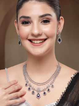 Karatcart - Women Silver-Plated Blue Teardrop American Diamond Jewellery Set