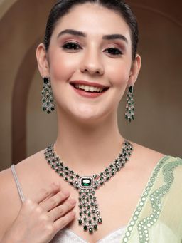 Karatcart - Women Dazzling Green Multi-Layer American Diamond Silver-Plated Jewellery Set