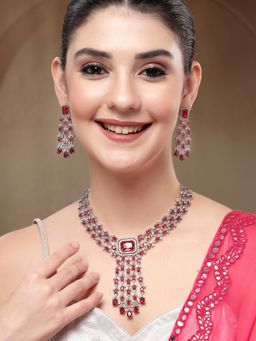 Karatcart - Women Dazzling Red Multi-Layer American Diamond Silver-Plated Jewellery Set