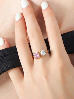 Yellow Chimes - Women Gold Plated Pink-White Crystal Ring