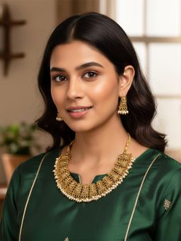 Yellow Chimes - Women Antique Matte Gold Tone Pearl Temple Jewellery Set