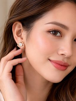 Yellow Chimes - Women Petal Shape Zircon Rose Gold Plated Stud Earrings