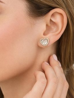 Yellow Chimes - Women Heart Shaped Zircon Halo Rose Gold Plated Crystal Stud Earrings