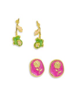 Yellow Chimes - Women Gold Plated Floral and Portrait Enamel Stud Earrings (Pack of 2)