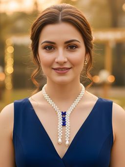 Karatcart - Women Luxurious Royal Blue Crystal and Pearl Beaded Necklace