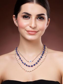 Karatcart - Women Blue Handcrafted Multi-Strand Evil Eye and Pearls Necklace