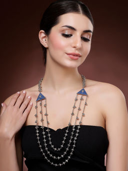 Karatcart - Women Oxidized Silver-Blue Meenakari Triple Layered Tribal Necklace