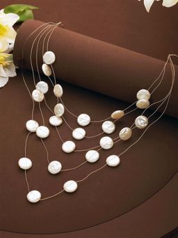 Karatcart - Women Dazzling White Flat Pearl Multistrand Long Chain Necklace