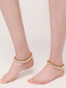 OOMPH - Women Gold Tone Kundan-Pearl Ethnic Payal Anklets