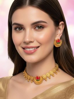 OOMPH - Women Red-Green-Gold Laxmi Coin Choker Jewellery Set