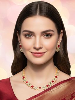 OOMPH - Women Multi-Color American Diamond and Faux Ruby Jewellery Set