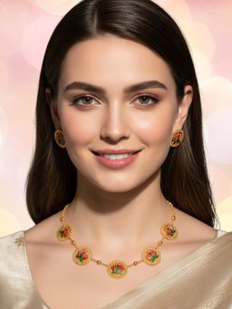 OOMPH - Women Ruby and Green Lotus Meenakari Jewellery Set