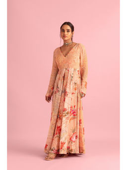 Saundh - Floral Fantasy Peach Natural Crepe Printed Gown