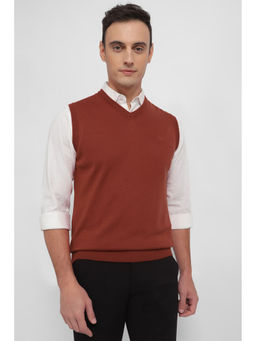 Allen Solly - Men Maroon Solid V Neck Sleeveless Sweater