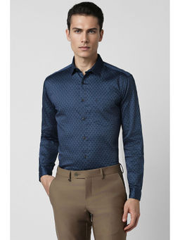 Van Heusen - Men Navy Blue Slim Fit Print Full Sleeves Party Shirt