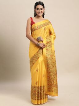 Sareemall - Khadi Silk Mustard Printed Celebrity Saree With Unstitched Blouse