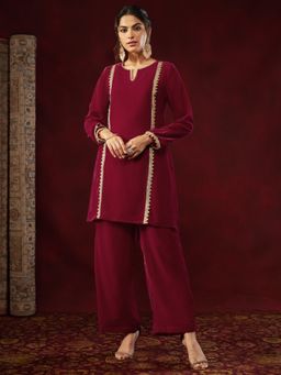 Janasya - Women's Maroon Velvet Embellished Straight Kurta and Pant