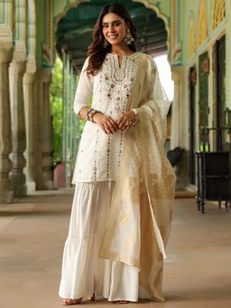 Janasya - Women's Off White Embroidered Mirror Work Kurta with Sharara and Dupatta