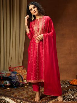 Janasya - Women's Pink Silk Blend Gold Foil Printed Straight Kurta and Pant with Dupatta