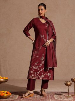 Janasya - Women's Maroon Silk Blend Gold Printed Straight Kurta and Pant with Dupatta
