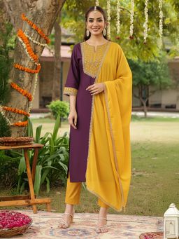 Janasya - Women's Purple Zari Yoke Embroidered Straight Kurta and Pant with Dupatta