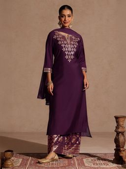 Janasya - Women's Wine Chander Silk Embellished Straight Kurta with Palazzo and Dupatta