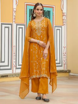 Janasya - Women's Orange Silk Blend Zari Embroidered Straight Kurta and Pant with Dupatta