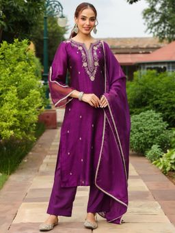 Janasya - Women's Purple Zari Embroidered Straight Kurta and Pant with Dupatta