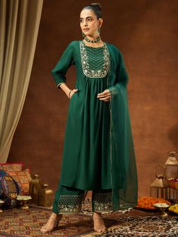 Janasya - Women's Bottle Green Chander Silk Embroidered A-Line Kurta and Palazzo with Dupatta
