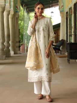 Janasya - Women's Off White Chander Silk Embroidered Straight Kurta and Pant with Dupatta