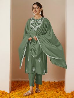 Janasya - Women's Sage Green Embroidered Straight Kurta and Pant with Dupatta
